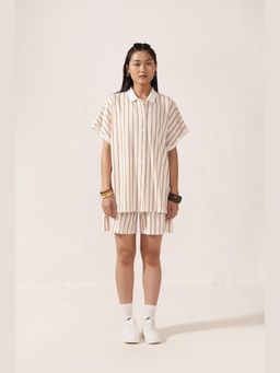 Muvazo - Brown Cotton Blend Stripes Shirt With Top With Short