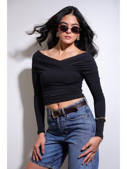 COLOR CAPITAL - Black Draped Surplice Neck Top