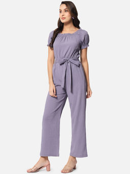 ALL WAYS YOU - Purple Textured Basic Jumpsuit With Waist Tie-Ups