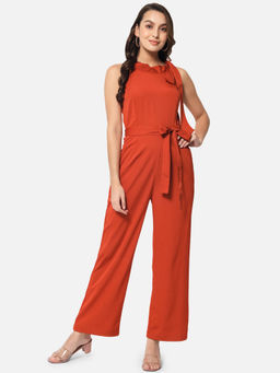 ALL WAYS YOU - Rust Solid Basic Jumpsuit With Waist Tie-Ups