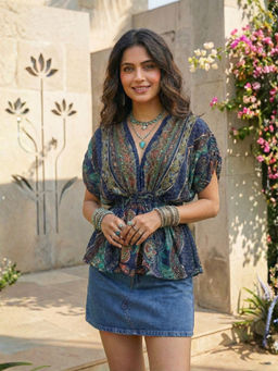 BOHOLYFE - Calindra Navy Nomad Boho Peplum Top