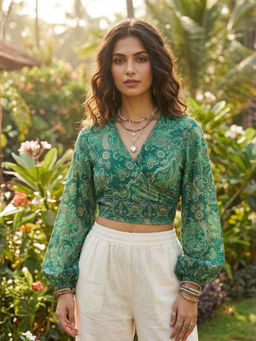 BOHOLYFE - Eirlys Emerald Paisley Boho Wrap Crop Top