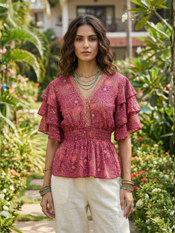 BOHOLYFE - Talise Rosewood Paisley Peplum Top