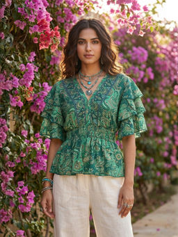 BOHOLYFE - Elaris Emerald Paisley Peplum Top