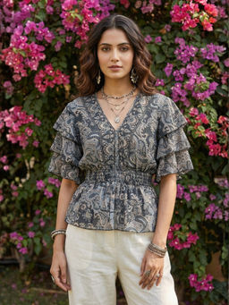 BOHOLYFE - Kaelith Smoky Paisley Peplum Top
