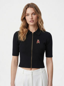 Cover Story - Black Cotton Half Sleeves Textured Crop Top