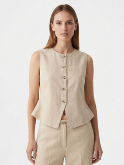 Cover Story - Beige Cotton Sleeveless Solid/Plain Top
