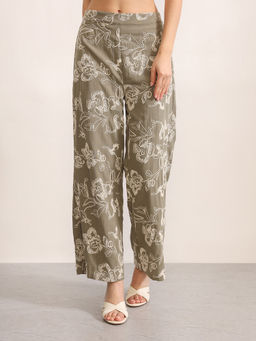 Kazo - Olive Polyester Straight Leg Embroidered Trouser