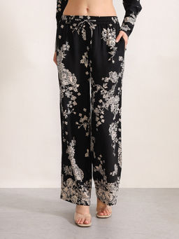 Kazo - Black Polyester Straight Leg Printed Trouser