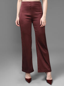 Kazo - Maroon Polyester Straight Leg Solid/Plain Trouser