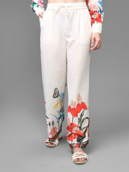 Kazo - White Polyester Straight Leg Floral Trouser
