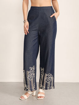 Kazo - Navy Blue Cotton Straight Leg Embroidered Trouser