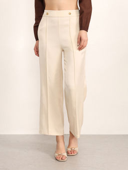 Kazo - Beige Polyester Straight Leg Solid/Plain Trouser