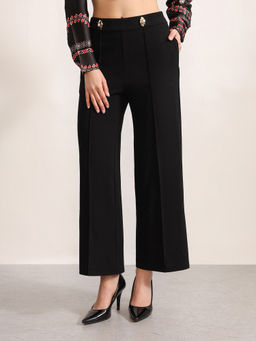 Kazo - Black Polyester Straight Leg Solid/Plain Trouser