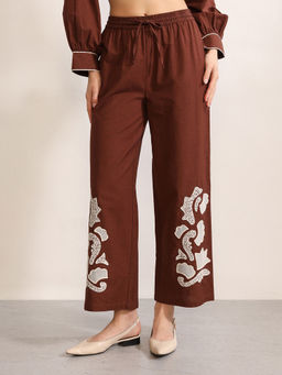 Kazo - Rust Cotton Straight Leg Embroidered Trouser