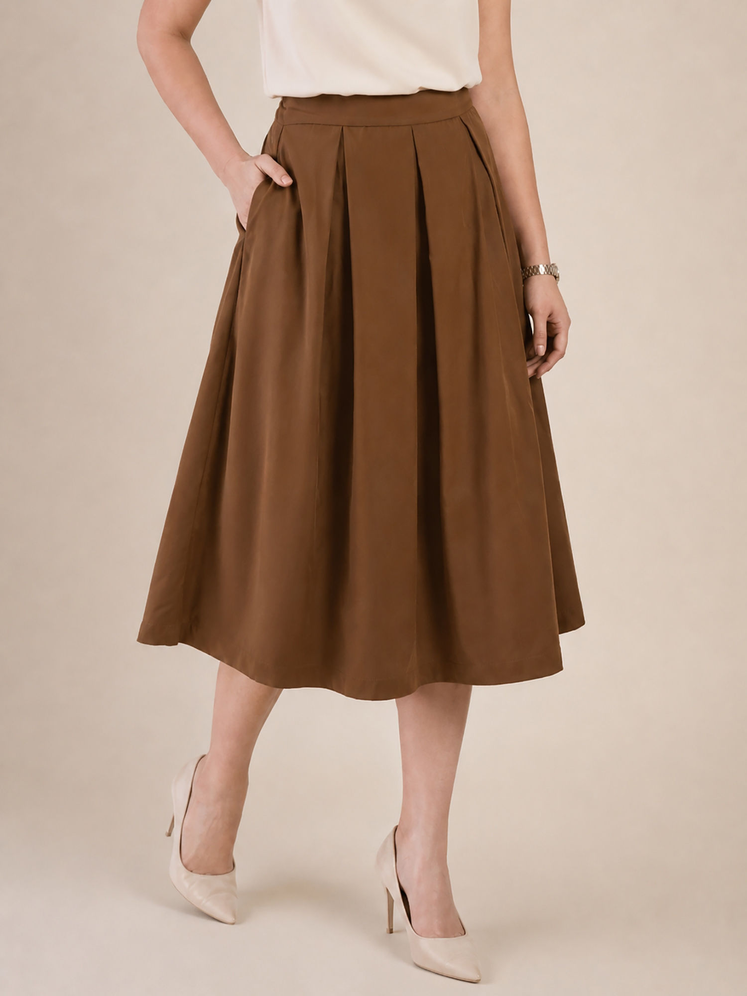 winered Women Solid Pleated Midi Skirt-picture-28
