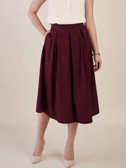 WineRed - Women Solid Pleated Midi Skirt