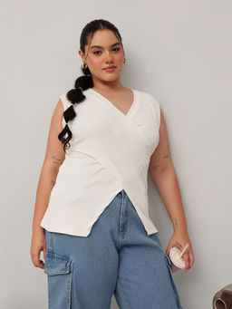 CURVY STREET - White Polyester Sleeveless Textured Top