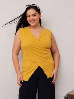 CURVY STREET - Mustard Polyester Sleeveless Textured Top
