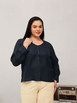 CURVY STREET - Navy Blue Polyester Full Sleeves Solid/Plain Top
