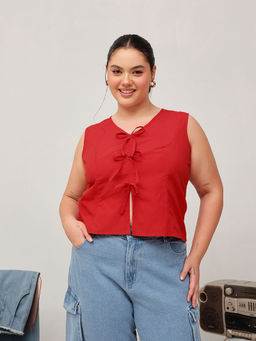 CURVY STREET - Red Cotton Sleeveless Solid/Plain Top