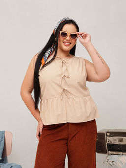 CURVY STREET - Beige Cotton Sleeveless Solid/Plain Top