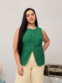 CURVY STREET - Green Cotton Sleeveless Solid/Plain Top
