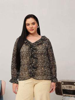CURVY STREET - Black Polyester Full Sleeves Printed Top