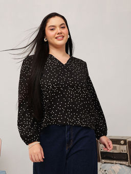 CURVY STREET - Black Cotton Full Sleeves Polka Dots Top