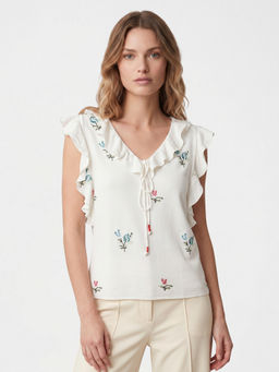 Cover Story - White Cotton Sleeveless Embroidered Top