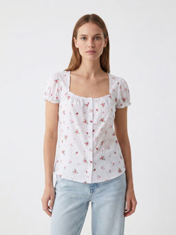 Cover Story - White Viscose Rayon Half Sleeves Floral Top