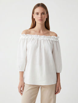 Cover Story - White Cotton Three Fourth Sleeves Solid/Plain Top
