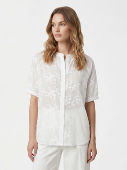 Cover Story - White Cotton Half Sleeves Self Design Top