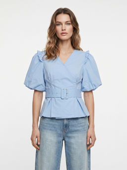 Cover Story - Blue Cotton Half Sleeves Solid/Plain Top