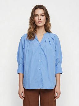 Cover Story - Blue Cotton Three Fourth Sleeves Solid/Plain Top