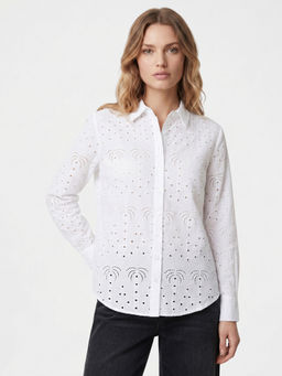 Cover Story - White Cotton Full Sleeves Self Design Shirt