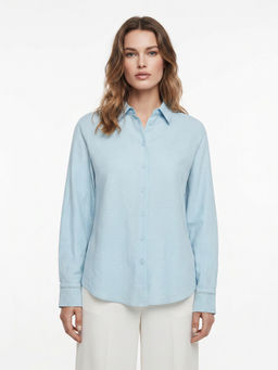 Cover Story - Blue Viscose Rayon Full Sleeves Solid/Plain Shirt
