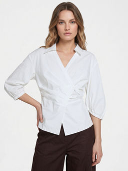Cover Story - White Cotton Three Fourth Sleeves Solid/Plain Top