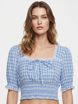 Cover Story - Blue Cotton Half Sleeves Checks Crop Top