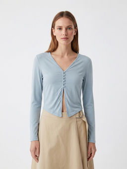Cover Story - Blue Viscose Full Sleeves Solid/Plain Top