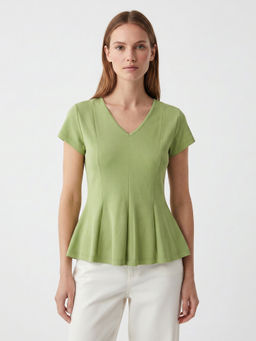Cover Story - Green Cotton Half Sleeves Solid/Plain Top