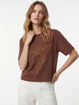 Cover Story - Brown Cotton Half Sleeves Embroidered T-Shirt
