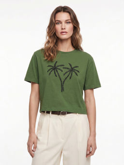 Cover Story - Olive Cotton Half Sleeves Embroidered T-Shirt