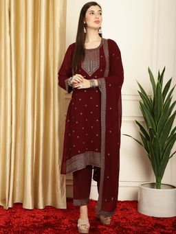 Stylee LIFESTYLE - Maroon Georgette Embroidered Kurta with Pant and Dupatta (Set of 3)