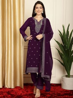 Stylee LIFESTYLE - Purple Georgette Embroidered Kurta with Pant and Dupatta (Set of 3)