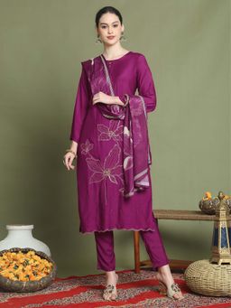 Stylee LIFESTYLE - Purple Muslin Embroidered Kurta with Pant and Dupatta (Set of 3)