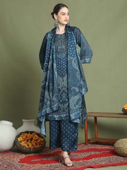 Stylee LIFESTYLE - Teal Satin Embroidered Kurta with Palazzo and Dupatta (Set of 3)