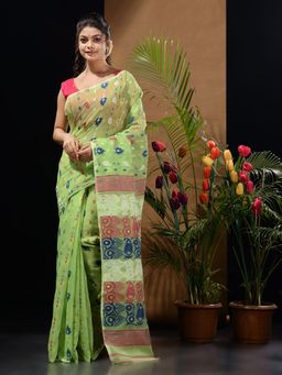 CHARUKRITI - Light Green Handwoven Saree with Multicolor Woven Designs & Motifs