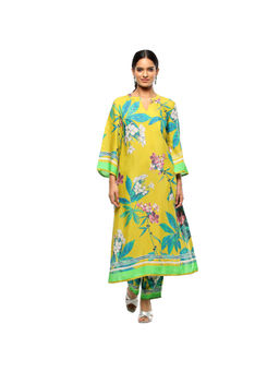 Biba - Yellow Floral Printed Shantoon Kurta with Pant (Set of 2)