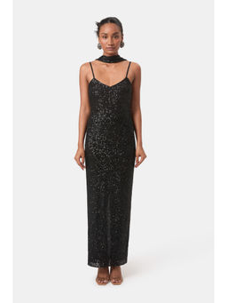 BEYOND - Womens Sequin Sequined Black Dress With Scarf